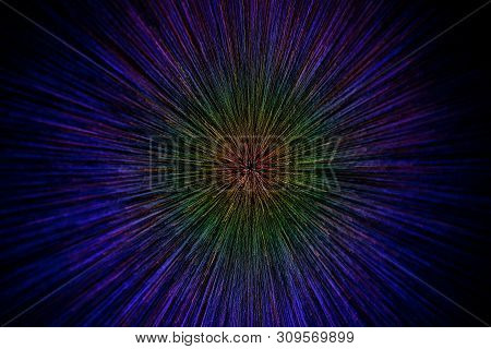 Natural Lens Zoom Explosion Radial Gradient Color Blurred Dots On Black Background With Selective Fo