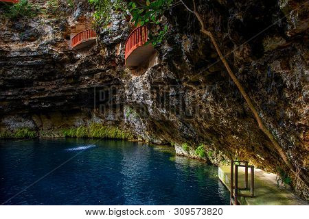 Cenote Ecoturistico X-cajum With Blue Clear Water. Mexico, Yucatan.