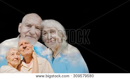 The Collage Of Images Of Elderly Couple On Black Background. Concept Disease Pain Medication And Lov