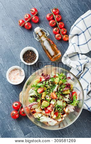 Green Salad With Cherry Tomatoes, Romano Lettuce, Frisse, Lollo Rosso, Feta Cheese, Avocado With Oli