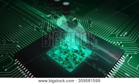 Nucelar Danger Icon Glowing Hologram Over Working Cpu In Background. Futuristic Concept Of Cyber War