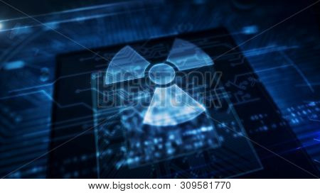 Nucelar Danger Icon Glowing Hologram Over Working Cpu In Background. Futuristic Concept Of Cyber War