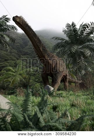 3d rendering of the walking alamosaurus in jungle