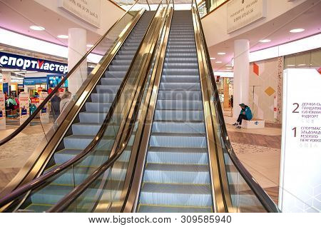 Russia, Moscow Region - July 3 2019 Escalator In Pushkino Park Shopping Center