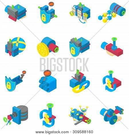 Cyber Mining Icons Set. Isometric Set Of 16 Cyber Mining Vector Icons For Web Isolated On White Back