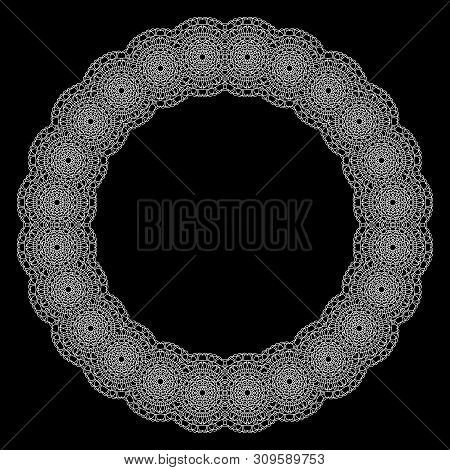 Frame With White Ornament In Circle On Black Background. Abstract Illustration,  Hand Draw Design. A