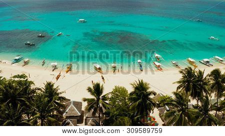 Travel Concept: Sandy Beach On A Tropical Island By Coral Reef Atoll From Above. Daco Island, Philip
