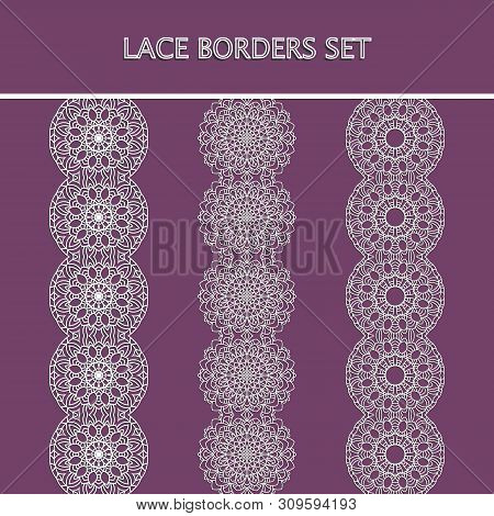 Vector Set Of Lace Borders With Geometric Repeating Texture. Vintage Ornaments. Isolated Design Elem