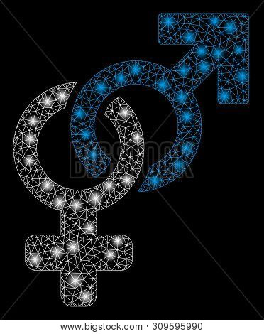Flare Mesh Heterosexual Symbol With Glare Effect. Abstract Illuminated Model Of Heterosexual Symbol 