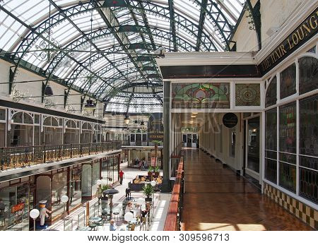 Southport, Merseyside, United Kingdom - 28 June 2019: A View Along Wayfarers Arcade A Covered Victor