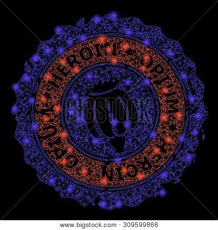 Glowing Mesh Heroin Opium Stamp With Glare Effect. Abstract Illuminated Model Of Heroin Opium Stamp 