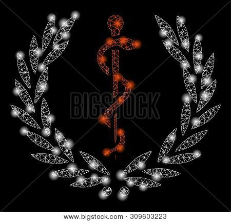 Bright Mesh Healh Care Emblem With Glare Effect. Abstract Illuminated Model Of Healh Care Emblem Ico