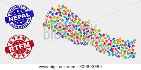 Module Nepal Map And Blue Assembled Stamp, And Rtfm Grunge Seal Stamp. Bright Vector Nepal Map Mosai