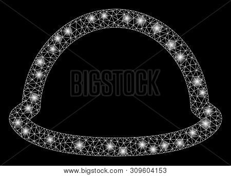 Glowing Mesh Hardhat With Sparkle Effect. Abstract Illuminated Model Of Hardhat Icon. Shiny Wire Fra