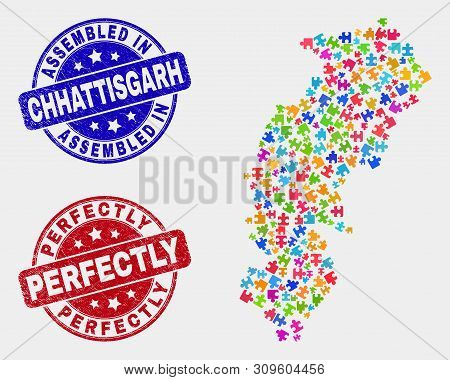 Puzzle Chhattisgarh State Map And Blue Assembled Seal Stamp, And Perfectly Distress Stamp. Bright Ve