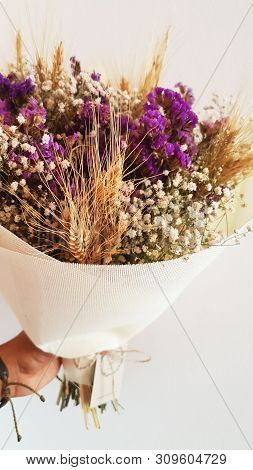 Beautiful Dry Colorful Flowers Bouquet In A Man Hand