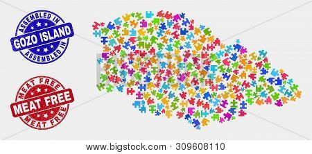 Assemble Gozo Island Map And Blue Assembled Seal Stamp, And Meat Free Distress Seal Stamp. Bright Ve