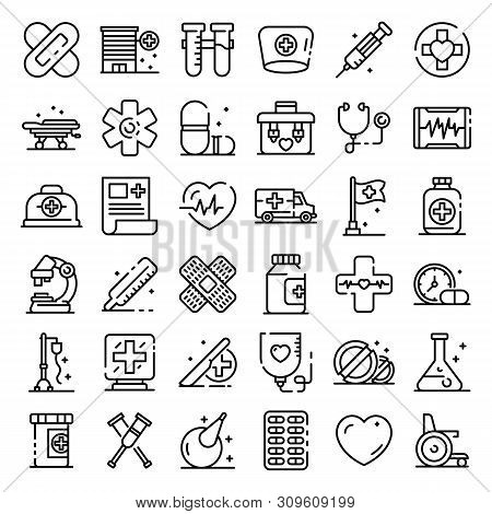 First Medical Aid Icons Set. Outline Set Of First Medical Aid Vector Icons For Web Design Isolated O
