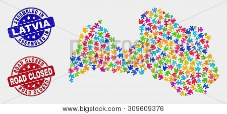Element Latvia Map And Blue Assembled Seal Stamp, And Road Closed Scratched Stamp. Colorful Vector L
