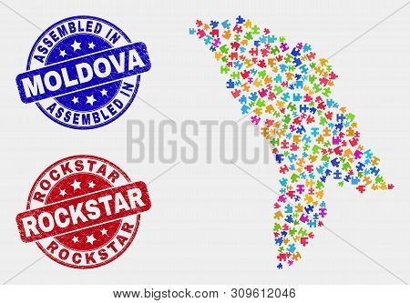 Assemble Moldova Map And Blue Assembled Seal Stamp, And Rockstar Distress Stamp. Colorful Vector Mol