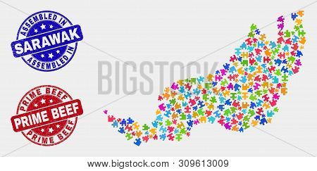Element Sarawak State Map And Blue Assembled Seal Stamp, And Prime Beef Grunge Seal. Bright Vector S