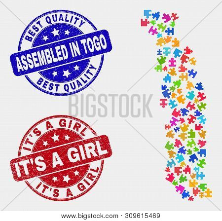 Bundle Togo Map And Blue Assembled Stamp, And It's A Girl Grunge Stamp. Bright Vector Togo Map Mosai