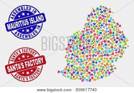 Assemble Mauritius Island Map And Blue Assembled Seal Stamp, And Santa's Factory Textured Seal Stamp