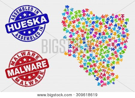 Module Hueska Province Map And Blue Assembled Seal Stamp, And Malware Distress Seal Stamp. Bright Ve