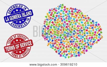 Puzzle La Gomera Island Map And Blue Assembled Seal Stamp, And Terms Of Service Distress Stamp. Brig