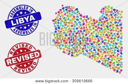 Module Libya Map And Blue Assembled Seal Stamp, And Revised Distress Seal Stamp. Colored Vector Liby