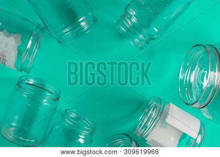 Isolated Glass Jars, No Lids Flat, Teal Mint Green Background, Copy Space Room