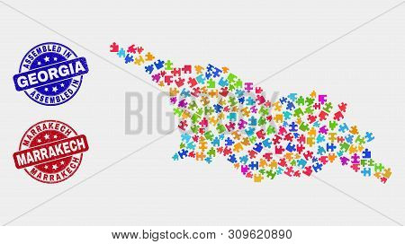Assemble Georgia Map And Blue Assembled Seal Stamp, And Marrakech Textured Seal. Colored Vector Geor