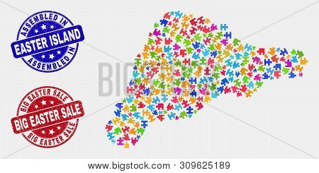 Assemble Easter Island Map And Blue Assembled Stamp, And Big Easter Sale Grunge Seal Stamp. Colored 