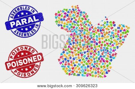 Puzzle Paral State Map And Blue Assembled Stamp, And Poisoned Scratched Seal Stamp. Bright Vector Pa