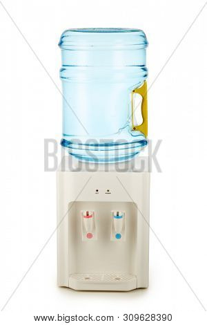 White water cooler with big blue plastic bottle full of purified water
isolated on white background. Potable pure water. Watercooler for office and home. Bottled watercooler