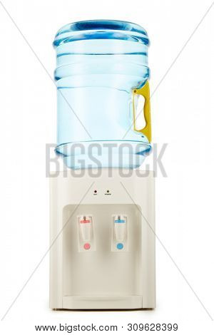 White water cooler with big blue plastic bottle full of purified water
isolated on white background. Potable pure water. Watercooler for office and home. Bottled watercooler