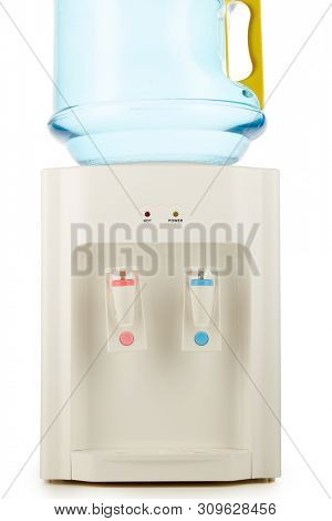 White water cooler with big blue plastic bottle full of purified water
isolated on white background. Potable pure water. Water-cooler for office and home. Bottled watercooler