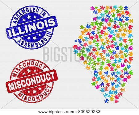Module Illinois State Map And Blue Assembled Seal, And Misconduct Grunge Seal. Colorful Vector Illin