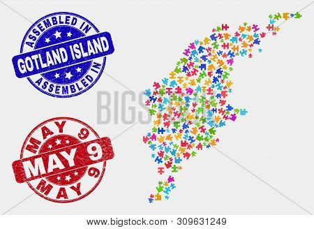 Module Gotland Island Map And Blue Assembled Seal Stamp, And May 9 Grunge Seal Stamp. Colored Vector