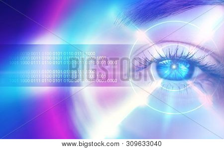 Eye Of The Female On A Dark Abstract Background, Neon Holograms, Retina Scanner