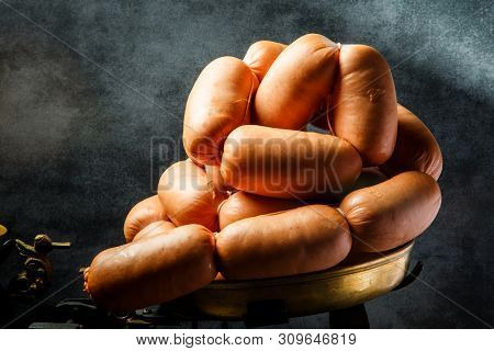 Closeup Big Bunch Of Short Thick Wieners Rolled In Spiral