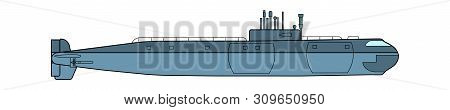Detailed Submarine. Side View. Warship In Realistic Style. Military Ship. Battleship Model. Industri