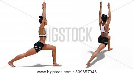 3d Illustration Of Back Three-quarters And Right Profile Poses Of A Woman In Yoga Warrior One Pose W