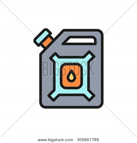 Vector Oil Gallon, Gasoline Canister, Petrol Jerrican Flat Color Line Icon.