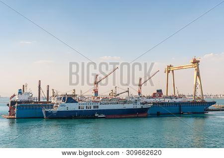 Port Tewfik, Egypt - November 5, 2017: Passenger Ship Duda Bridge At The Port Tewfik In The Suburbs 