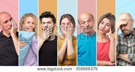 Collage Of Sleepy Drowsy Men And Women Being Tired And Exhausted.