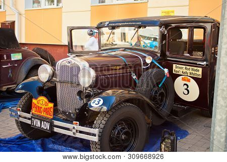 Russia, Respublic Of Bashkortostan, Ufa 22.06.2019 Retro Rally Beijing-paris: Old Blue Car Parked Ne