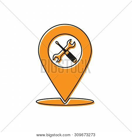 Orange Location With Crossed Screwdriver And Wrench Tools Icon Isolated On White Background. Pointer