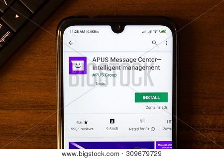 Ivanovsk, Russia - June 26, 2019: Apus Message Center - Intelligent Management App On The Display Of