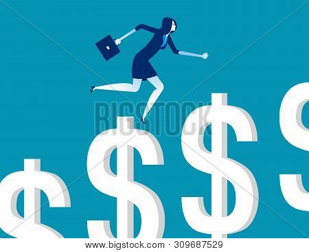 Businesswoman Climbing Dollar Sign Step. Concept Business Vector Illustration.